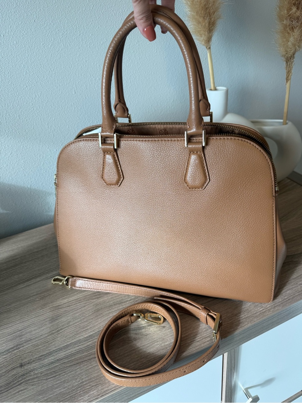 Tory Burch Pebbled Double Zip Satchel - Tan - Picture 12 of 14
